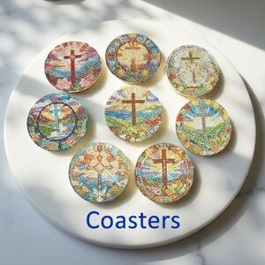 Hand Crafted Diamond Art Cross 8 Piece Coasters Set